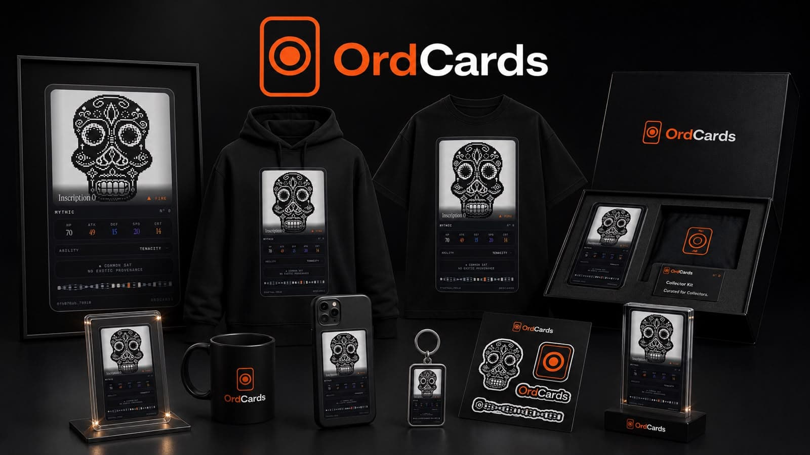 OrdCards physical product collection in a dark studio
